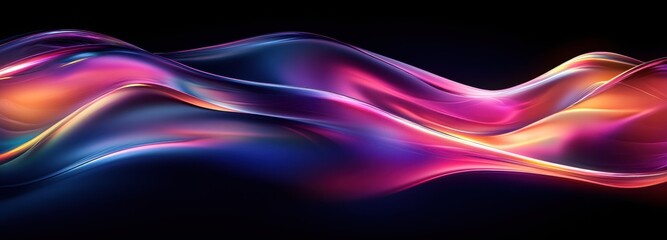 Fototapeta premium This artwork showcases a flowing abstract glass wave, illuminated with colorful, iridescent reflections. The smooth contours blend hues of purple, pink, and blue on a black backdrop
