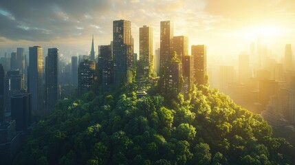 envisioning a future where nature reclaims urban spaces creating sustainable and ecologically harmonious cities blending greenery with towering skyscrapers offering a serene yet modern cityscape