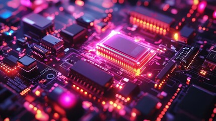 Robotic arms assembling electronic devices, hightech, vibrant lighting, dark background