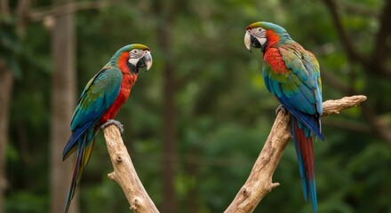 Two stunning macaws perched on a branch create a vibrant tropical wildlife scene