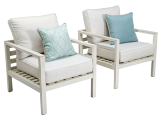 two outdoor white armchairs with cushions, coastal style, isolated PNG transparent background