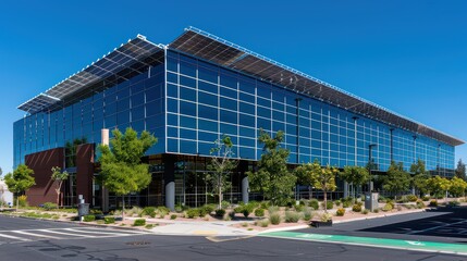 Solar panels installed on a commercial building with clear blue skies in the background.