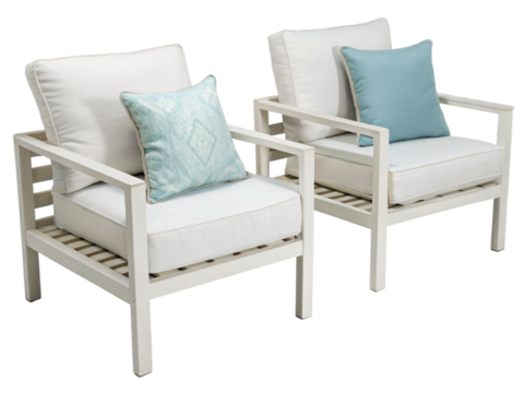 two outdoor white armchairs with cushions, coastal style, isolated PNG transparent background