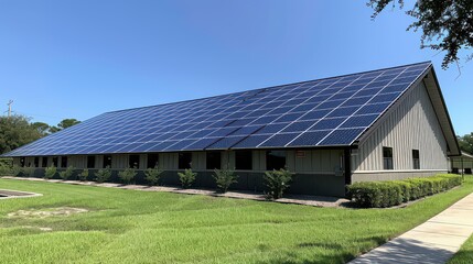 Solar panels installed on a commercial building with clear blue skies in the background.