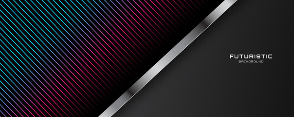 Fototapeta premium 3D black techno abstract background overlap layer on dark space with colorful lines effect decoration. Graphic design element cutout style concept for web banner, flyer, card, or brochure cover