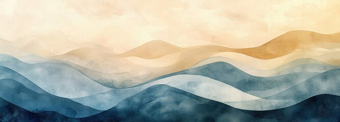 Soft layers of watercolor waves blend harmoniously in shades of blue and beige. This artwork evokes tranquility, suitable for calming spaces and creative environments