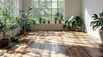 Bright, sunlit room with many plants