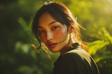 Beautiful young Asian woman enjoying nature in a forest