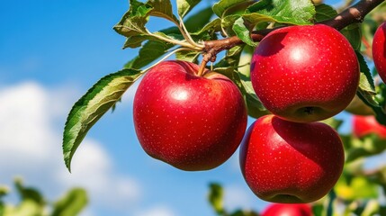 Obraz premium Red apples hanging from tree branches