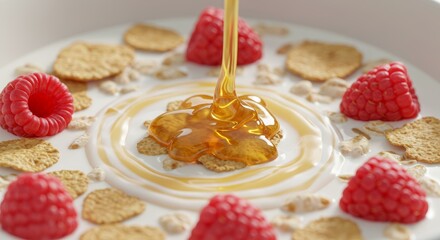 A Vibrant Breakfast Scene: Honey Drizzling over Cereal, Milk and Fresh Raspberries