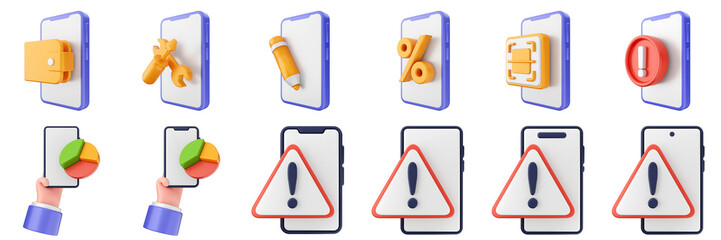 3d smartphone mobile application icon set bundle illustration