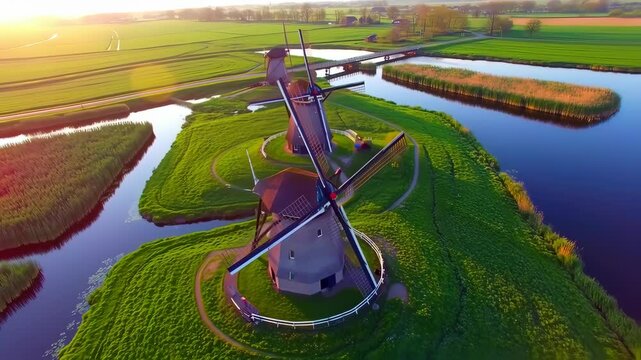 Aerial view of windmill turbin in the field and lake
