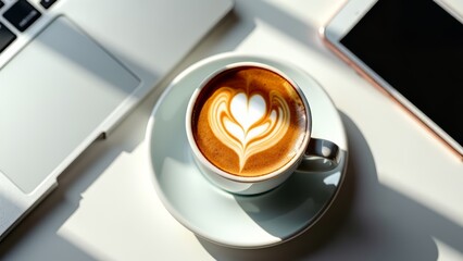 Latte art coffee break at minimalist desk