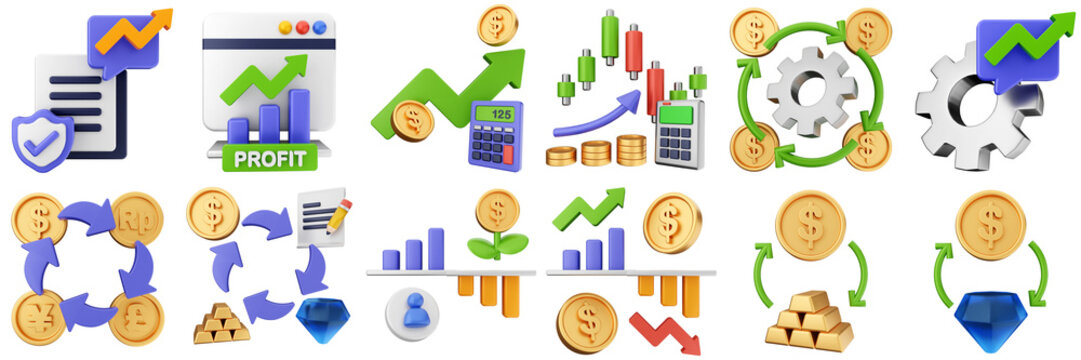 3d trading money cash coin chart income profit finance icon set bundle illustration