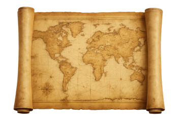 Vintage world map spread open, revealing global landmasses and water bodies against transparent backdrop, highlighting geographic exploration