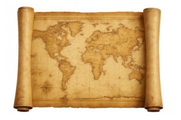 Vintage world map spread open, revealing global landmasses and water bodies against transparent backdrop, highlighting geographic exploration