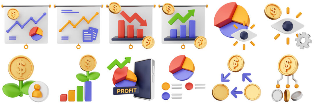 3d trading money cash coin chart income profit finance icon set bundle illustration