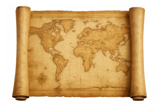 Vintage world map spread open, revealing global landmasses and water bodies against transparent backdrop, highlighting geographic exploration
