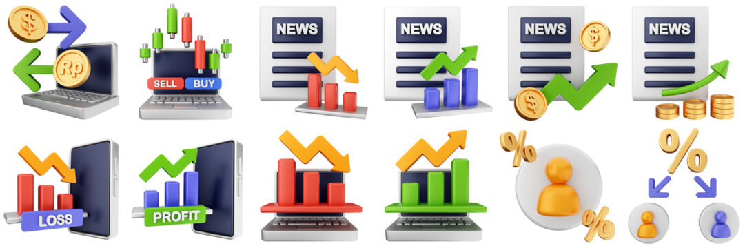 3d trading money cash coin chart income profit finance icon set bundle illustration