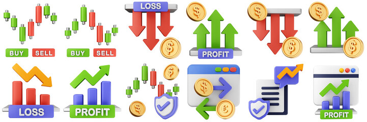 3d trading money cash coin chart income profit finance icon set bundle illustration