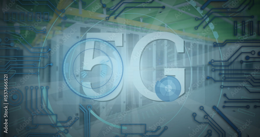 Poster showing 5g overlay floating above server racks in data center with circuit traces, radar overlays
