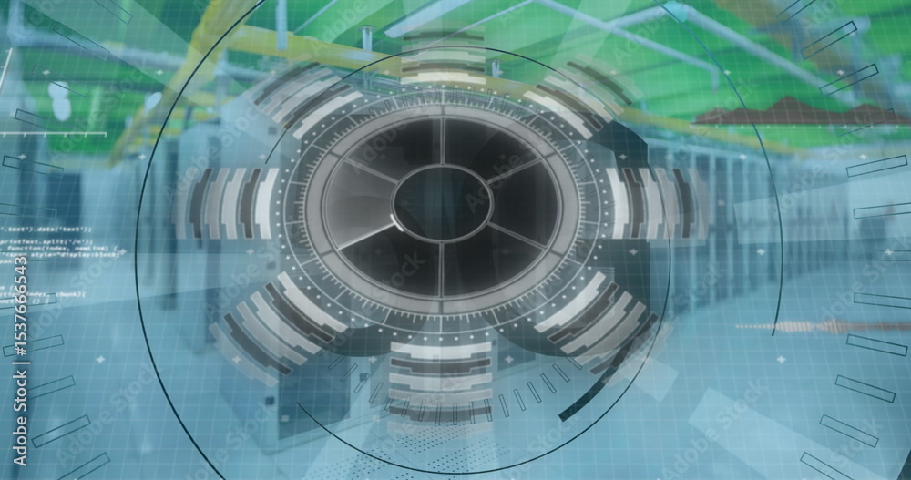 Poster displaying hud interface showing segmented rings in server corridor with racks and overhead cabling