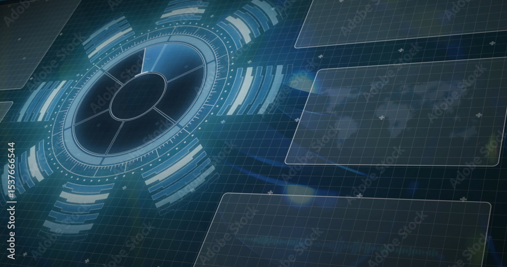 Poster displaying circular radial interface projecting data rings on grid with panels, world map overlay