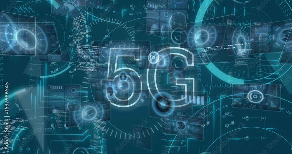 Poster floating central glowing 5g label hovering in network interface, with gui panels and data charts