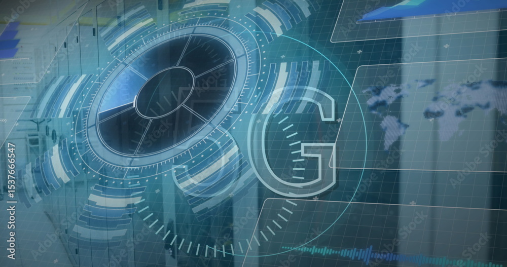 Poster displaying holographic ui showing radial progress inside data center with server racks, world map
