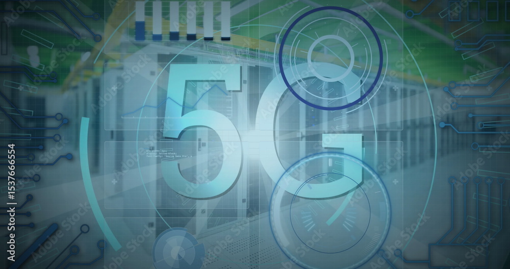 Poster displaying 5g text with circular hud overlay in data center, with server racks and network switches