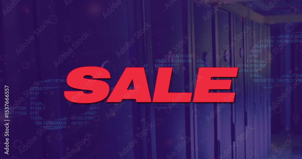 Poster displaying bold red sale text floating over data-center corridor, with racks and code streams
