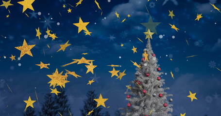 Fototapeta premium Glowing frosted fir tree with green star topper and golden stars outdoors at night, copy space