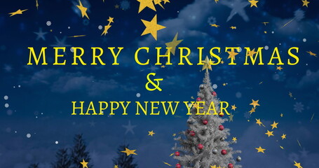 Showing silver-frosted tree in night sky, Merry Christmas  and  Happy New Year, star  and  snowflake