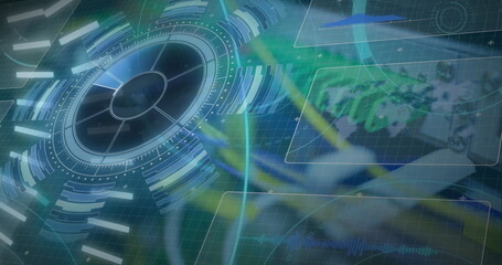 Rotating circular HUD element within virtual grid, with segmented rings and data panels, copy space