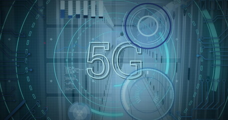 Displaying 5G symbol amid HUD circles hovering in data center corridor, network switches, cabling