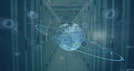 Showing holographic Earth with orbiting rings and network nodes in data center aisle, with racks