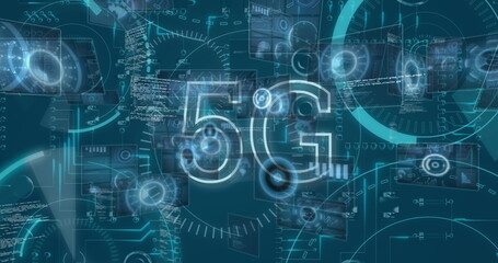 Floating central glowing 5G label hovering in network interface, with GUI panels and data charts