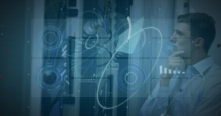 Analyzing data overlays, technician in light shirt in server room with racks, cables, copy space