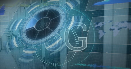Displaying holographic UI showing radial progress inside data center with server racks, world map
