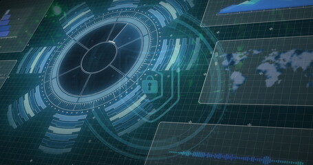 Showing futuristic dashboard interface on grid background, with circular HUD, bar charts, lock icon