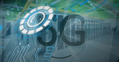 Displaying 5G logo and HUD ring graphic overlaying data center racks, with circuit traces and code