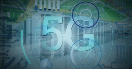 Displaying 5G text with circular HUD overlay in data center, with server racks and network switches