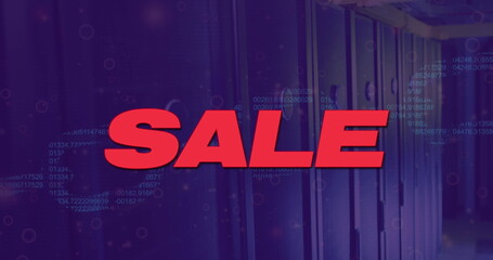 Displaying bold red SALE text floating over data-center corridor, with racks and code streams
