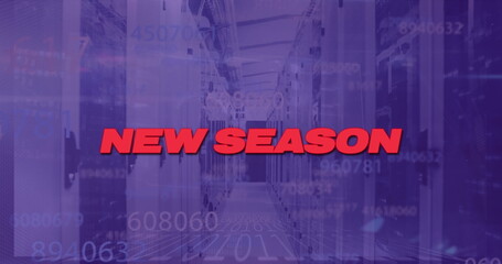 Displaying red text NEW SEASON hovering over server racks, numeric overlays in data center corridor