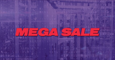 Shining bold red MEGA SALE text dominating data center, showing binary code, racks and cables