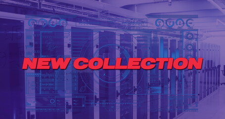 Displaying bold red text reading NEW COLLECTION in server room, with racks, interface overlays