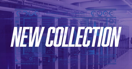 Displaying server racks in data center with cable trays, digital overlays featuring NEW COLLECTION