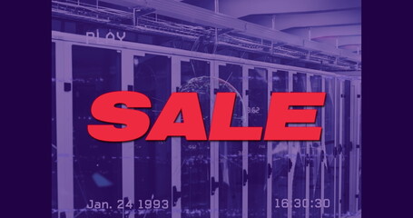 Showing red SALE overlay dominating server aisle, featuring racks cables trays globe and timestamp