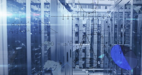 Displaying long narrow corridor running through data center, with server racks and formula overlays