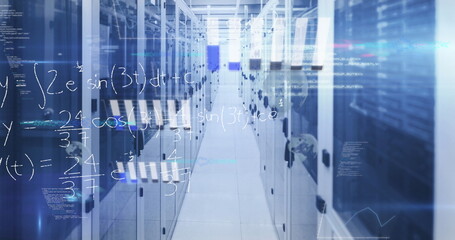 Presenting server aisle in server room showing code overlays and LED lights, with network cables